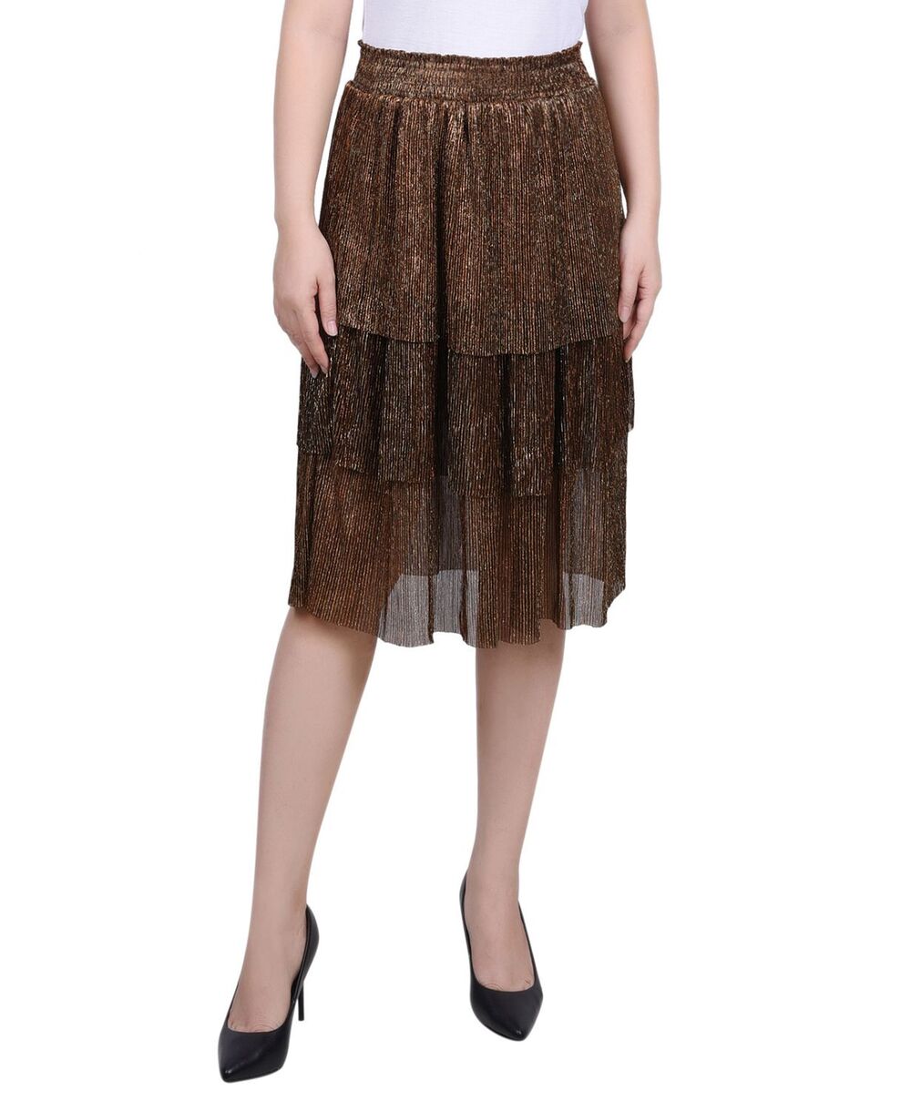 NY Collection Tiered Mesh Plisse Skirt Metallic Bronze NWT Petite Medium